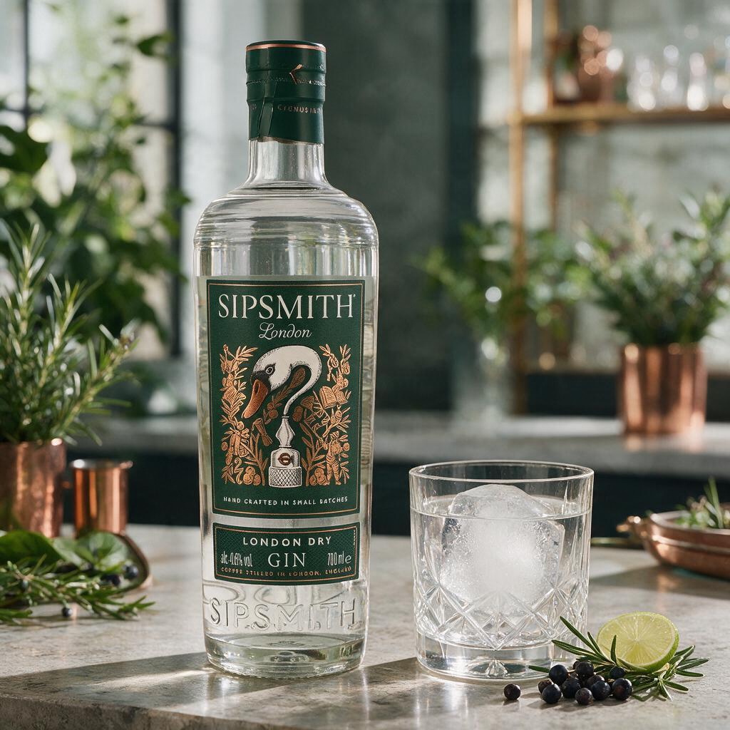 Schwarzbach Spirits Sipsmith London Dry Gin Flasche mit Schwanenetikett neben einem Glas mit Eis und Limette