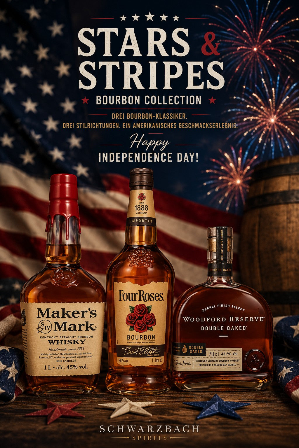 Schwarzbach Spirits Stars & Stripes Bourbon Collection mit Maker's Mark, Four Roses und Woodford Reserve vor US-Flagge