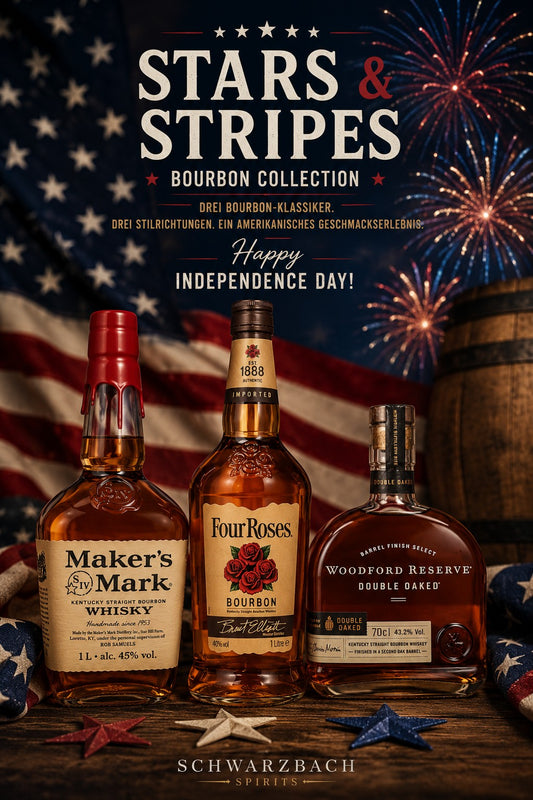 Schwarzbach Spirits Stars & Stripes Bourbon Collection mit Maker's Mark, Four Roses und Woodford Reserve vor US-Flagge