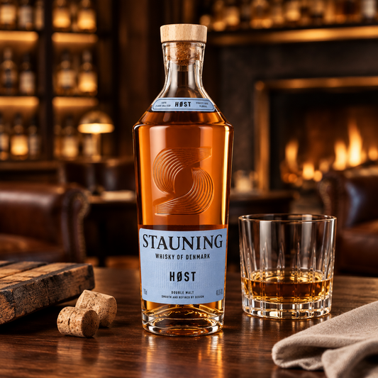 Schwarzbach Spirits Stauning HØST Danish Whisky Flasche mit Glas vor einem Kamin in einer gemütlichen Bar