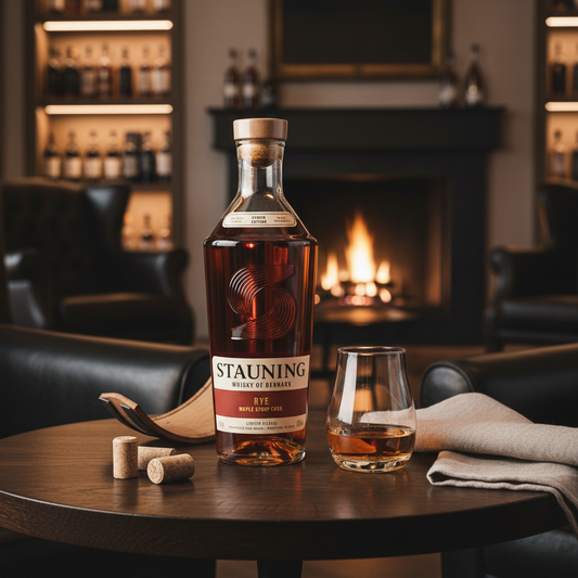 Schwarzbach Spirits Stauning R.Y.E. Maple Syrup Cask whisky bottle with a glass on a wooden table by a fireplace.