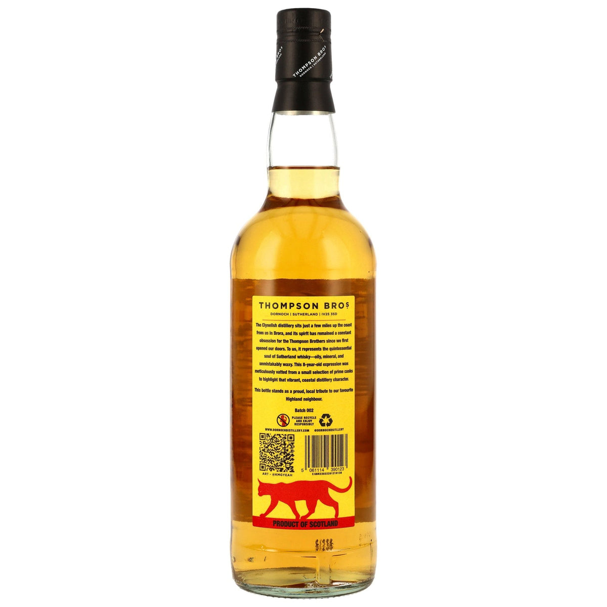 Schwarzbach Spirits Sutherland Clynelish 8 Jahre Batch 002 Whisky Flaschenrückseite mit Etikett und QR-Code