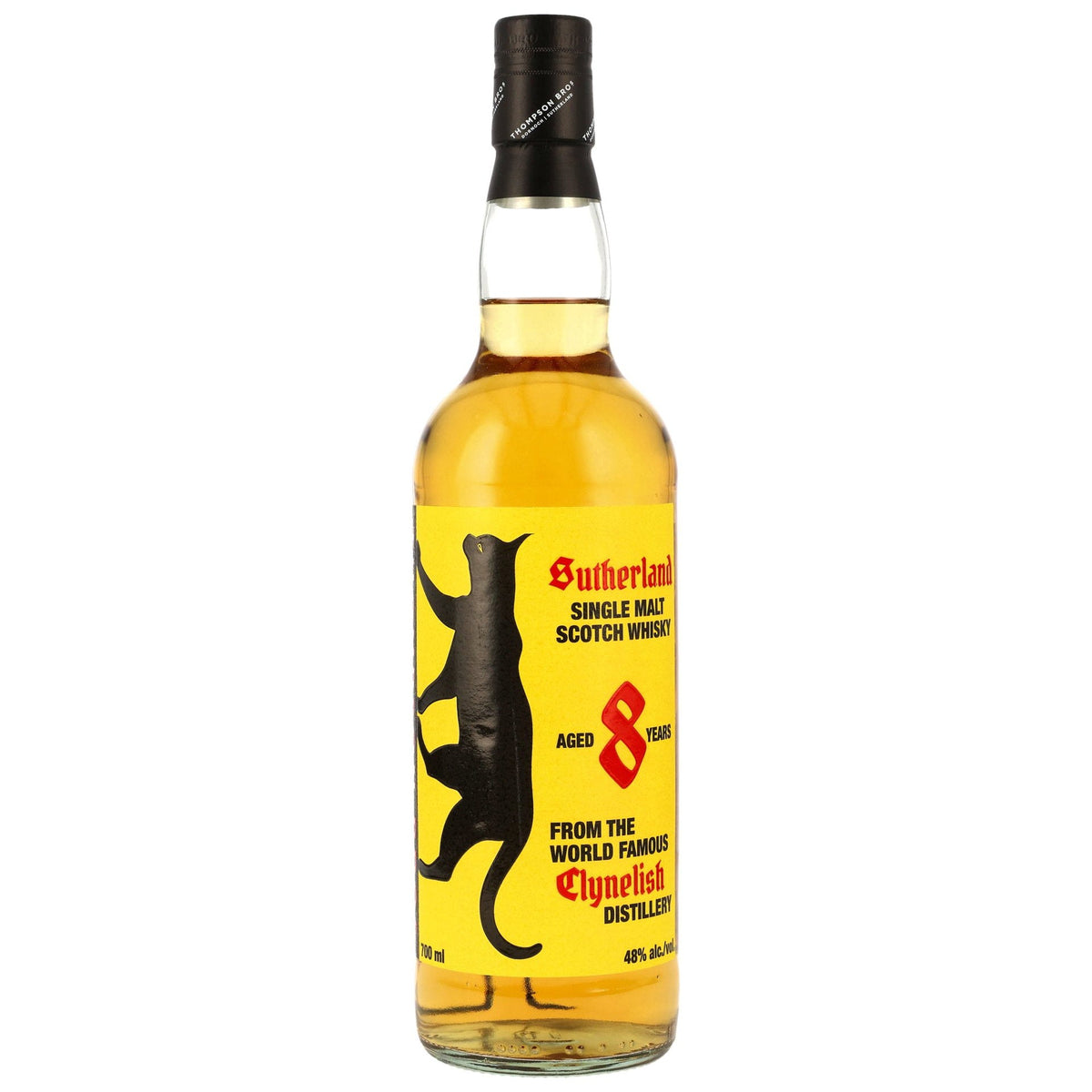 Schwarzbach Spirits Sutherland 8 Jahre Clynelish Batch 002 Single Malt Whisky Flasche mit gelbem Etikett und Katze