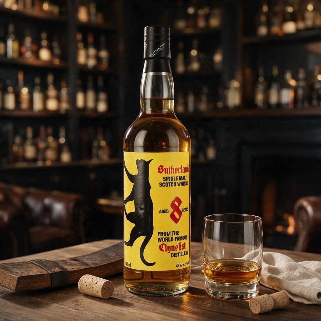 Schwarzbach Spirits Sutherland Clynelish 8 Jahre Batch 002 Whisky Flasche mit gelbem Etikett und schwarzer Katze