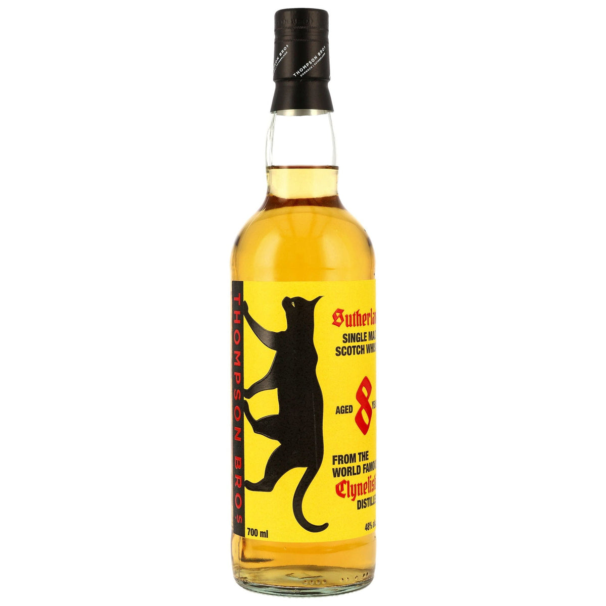 Schwarzbach Spirits Sutherland Clynelish 8 Jahre Batch 002 Whisky Flasche mit gelbem Etikett und schwarzer Katze