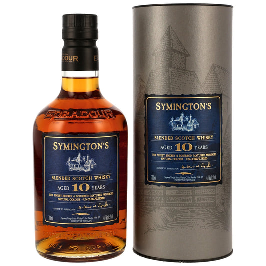 Schwarzbach Spirits Symingtons 10 Jahre Blended Scotch Whisky Flasche mit silberner Geschenkverpackung