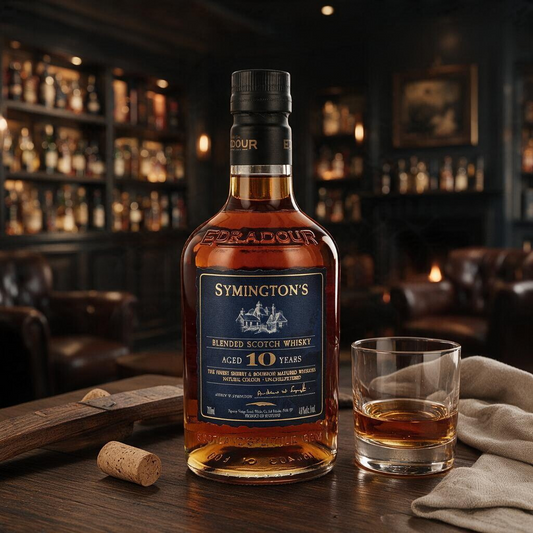 Schwarzbach Spirits Symingtons 10 Jahre Blended Scotch Whisky Flasche mit Glas auf einem Holztisch in einer Bar
