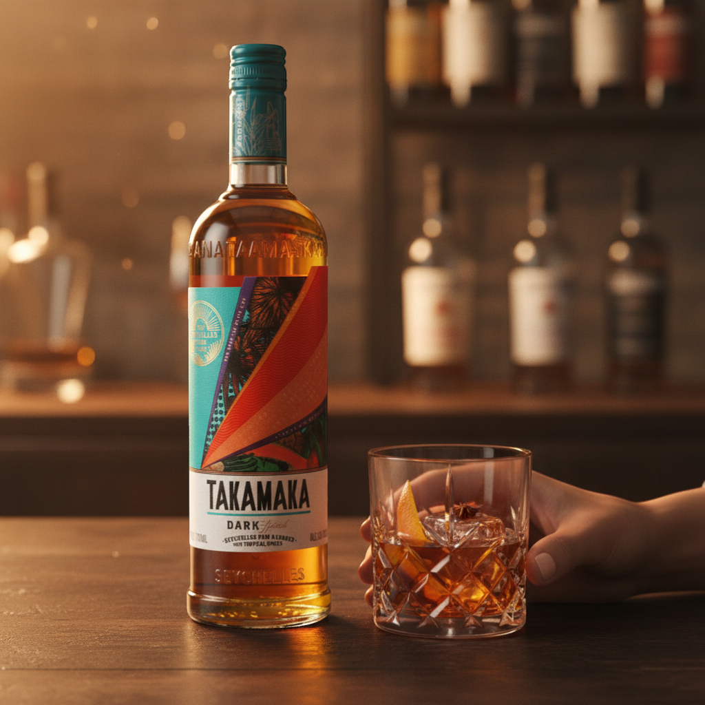 Schwarzbach Spirits Takamaka Dark Spiced Rum, a Seychelles rum blended with tropical spices, 38% vol, 700ml bottle.