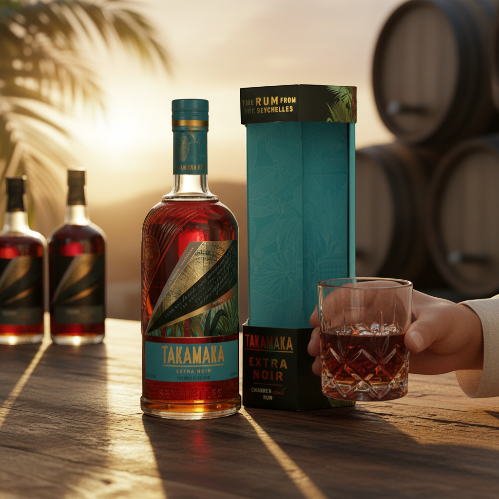 Schwarzbach Spirits TAKAMAKA Extra Noir Rum, a dark rum from Seychelles aged in bourbon and French oak casks. Features tropical fruit, vanilla, and caramel notes.
