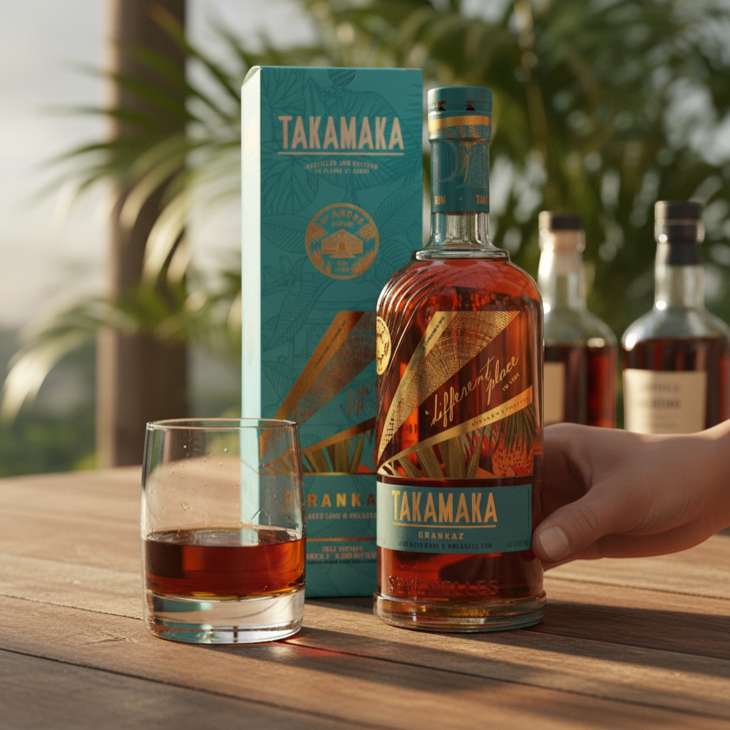 Schwarzbach Spirits Takamaka Grankaz Cask Aged Cane & Molasses Rum, 51.6% Vol. Amber rum with gold foil accents and tropical leaf design.