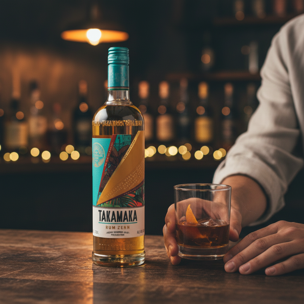 Schwarzbach Spirits Takamaka Rum Zenn, a light gold rum aged in young bourbon casks. Features tropical fruit and vanilla notes.