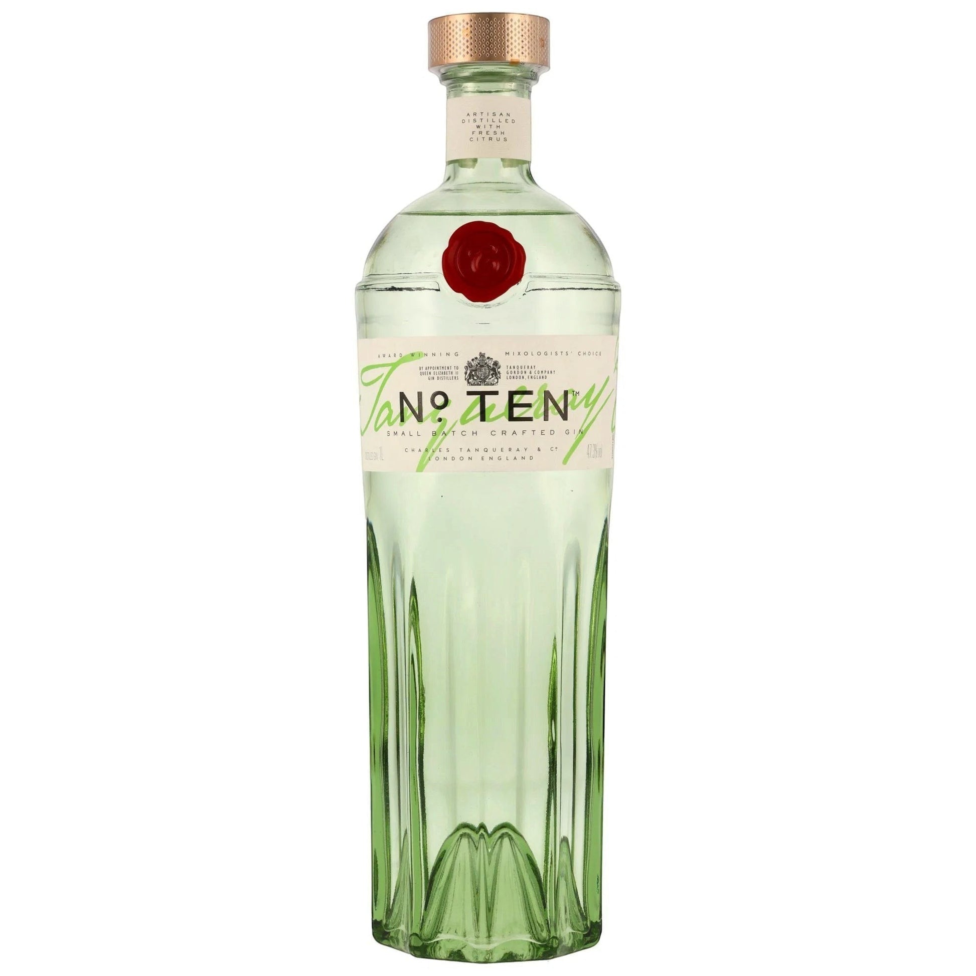 Schwarzbach Spirits Tanqueray No. Ten Gin in einer grünen Glasflasche mit goldenem Verschluss und rotem Siegel. 1 Liter, 47,3% Vol.