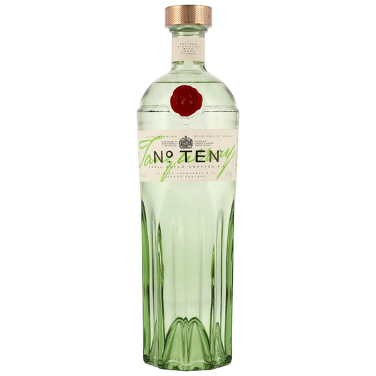 Schwarzbach Spirits Tanqueray No. Ten Gin in einer grünen Glasflasche mit goldenem Verschluss und rotem Siegel. 1 Liter, 47,3% Vol.