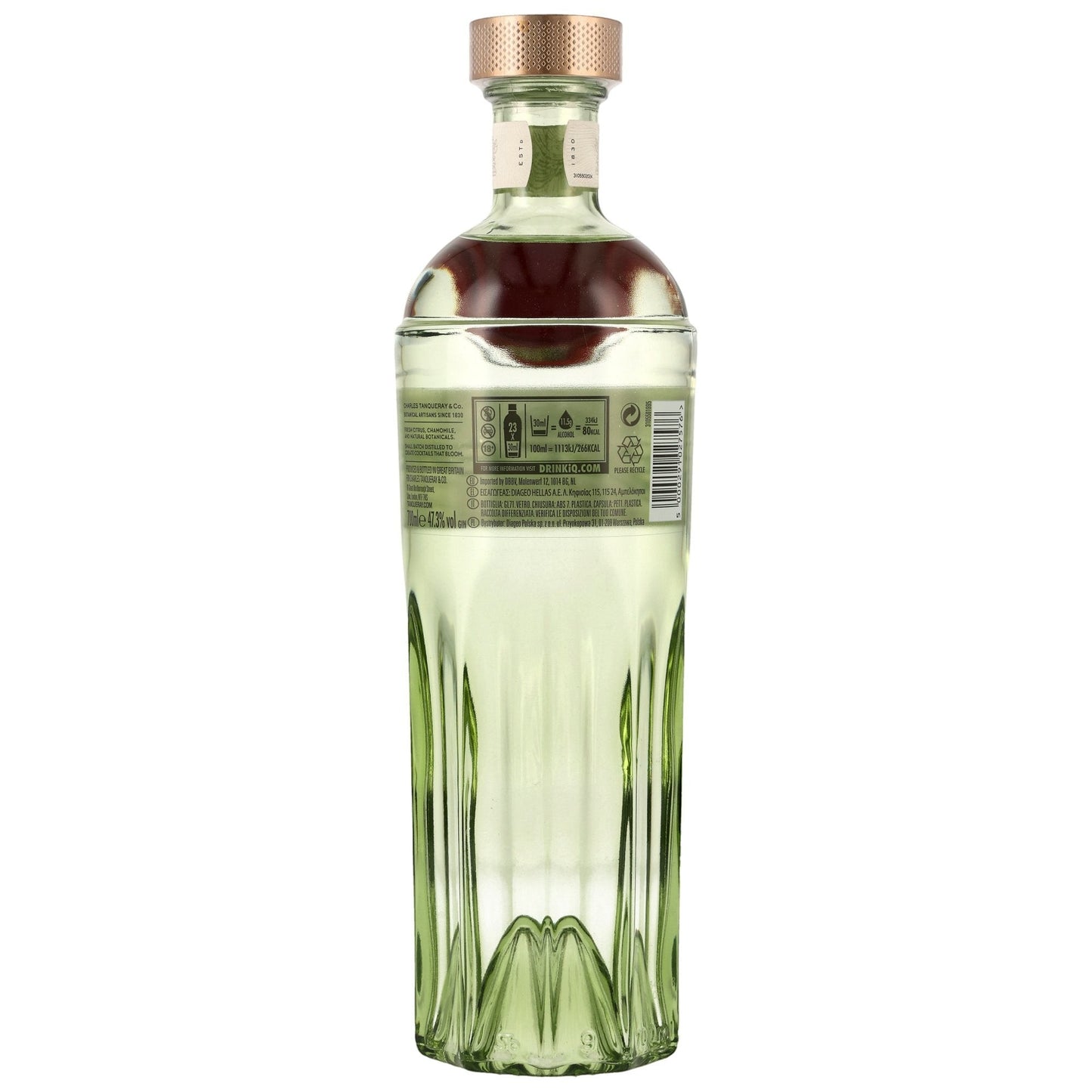 Schwarzbach Spirits Tanqueray No. Ten Gin 47,3% Vol. 0.7L Flasche mit grünem Glas und goldfarbenem Verschluss, mit Zitrus- und Wacholderaromen.