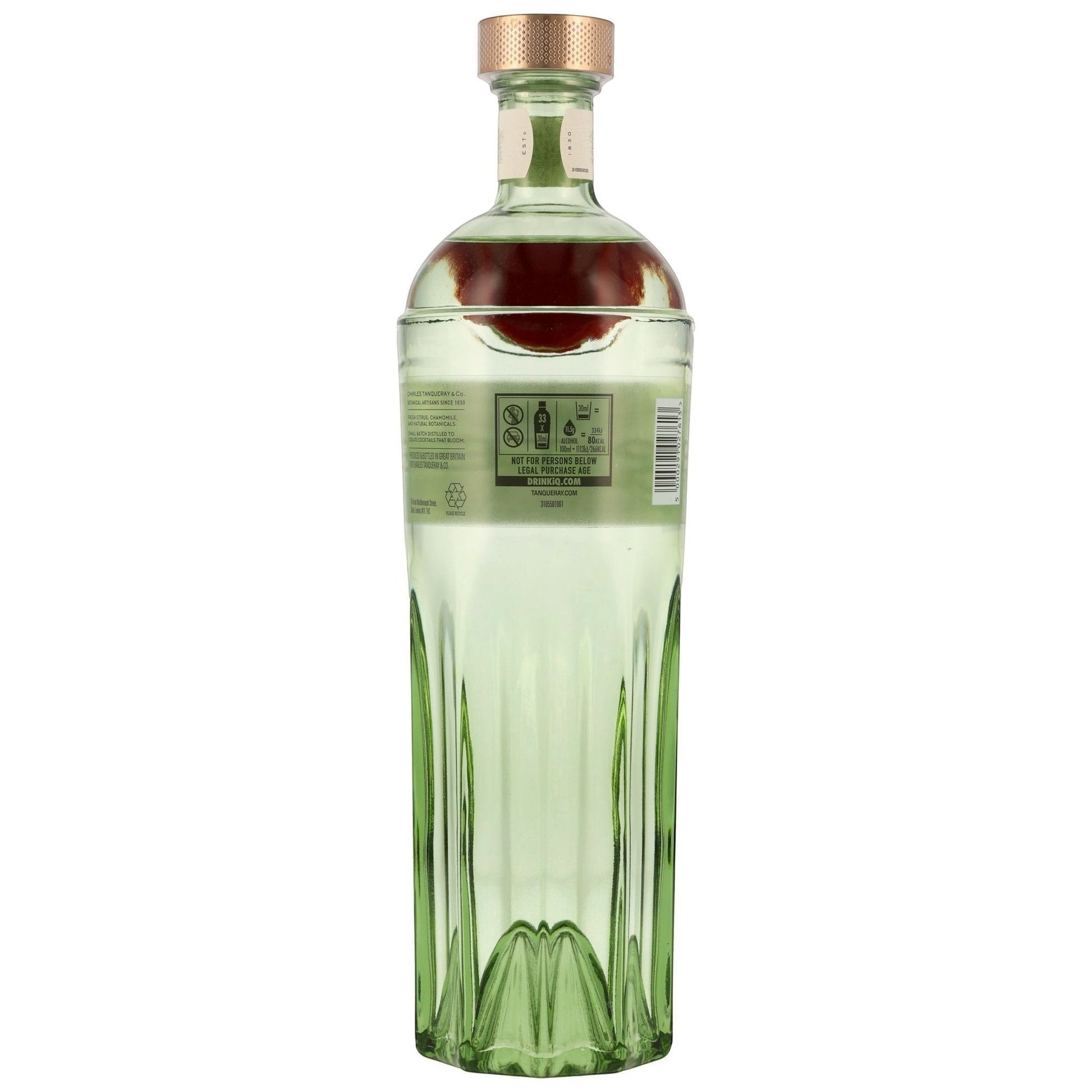 Schwarzbach Spirits Tanqueray No. Ten Gin Liter Flasche mit 47,3% Vol. und goldenem Verschluss. Helle grüne Glasflasche mit Rillenmuster.