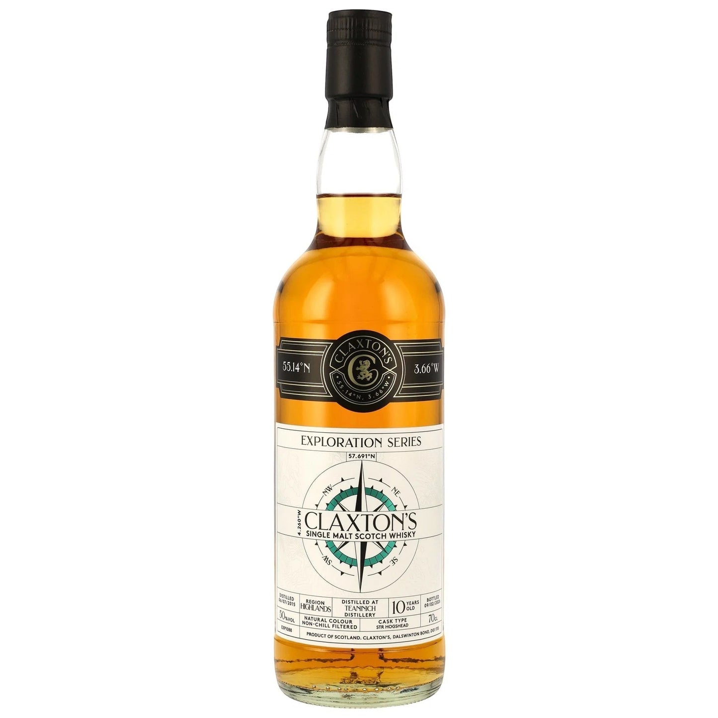 Schwarzbach Spirits Teaninich 10 Year Old STR Cask Highland Single Malt Scotch Whisky, 50% Vol. Amber liquid in a clear glass bottle with a black cap and a detailed label.