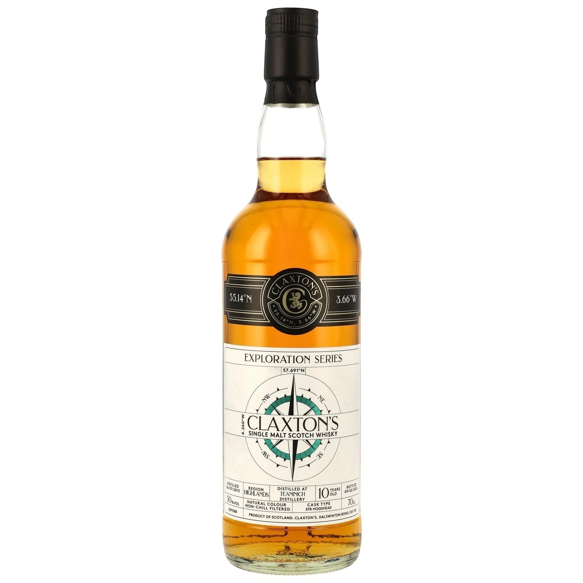 Schwarzbach Spirits Teaninich 10 Year Old STR Cask Highland Single Malt Scotch Whisky, 50% Vol. Amber liquid in a clear glass bottle with a black cap and a detailed label.