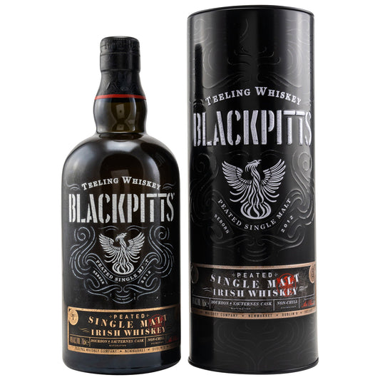 Schwarzbach Spirits Teeling Blackpitts Peated Single Malt Irish Whiskey bottle and black gift tube