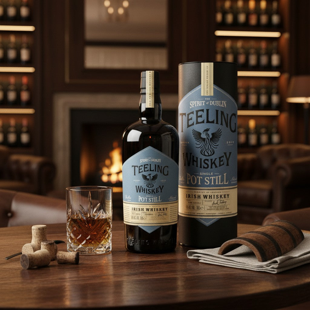 Schwarzbach Spirits Teeling Single Pot Still Irish Whiskey bottle and tube with a glass of whiskey on a wooden table.