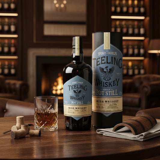 Schwarzbach Spirits Teeling Single Pot Still Irish Whiskey bottle and tube with a glass of whiskey on a wooden table.