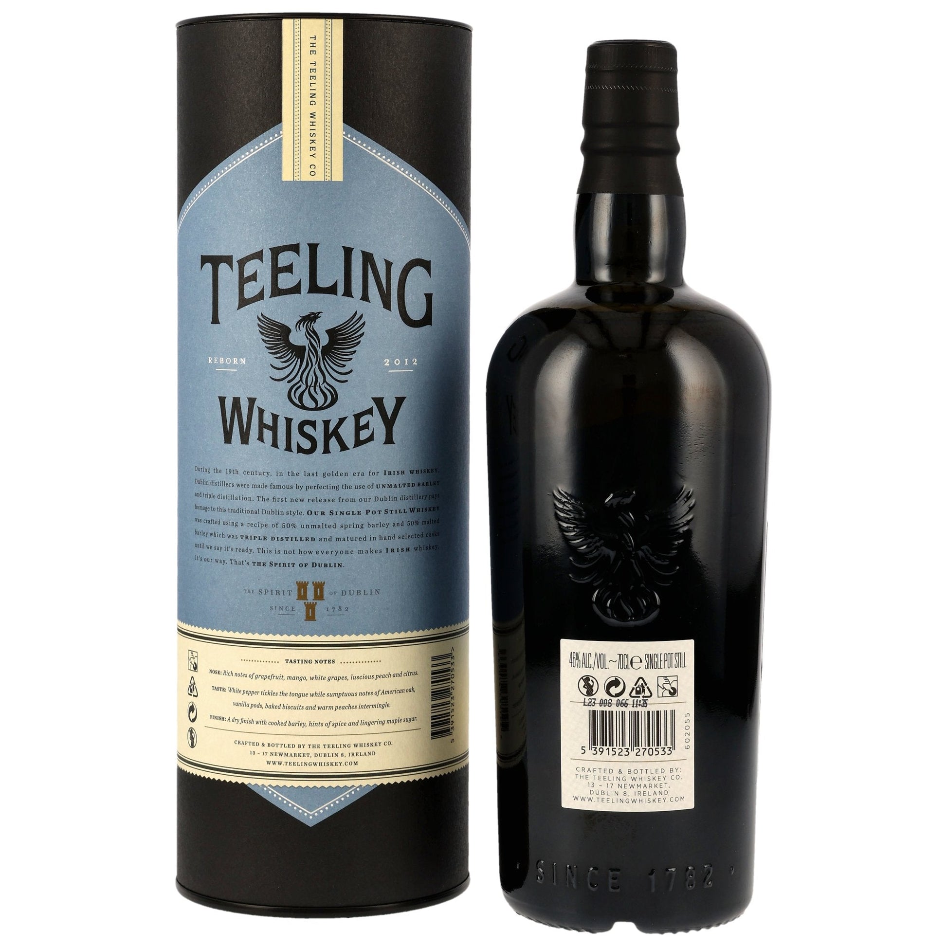 Schwarzbach Spirits Teeling Single Pot Still Irish Whiskey bottle and its cylindrical gift tube packaging.
