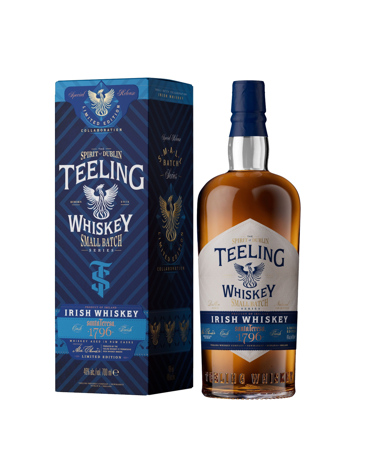 Schwarzbach Spirits Teeling Small Batch Santa Teresa 1796 Whiskey Flasche mit blauer Geschenkverpackung