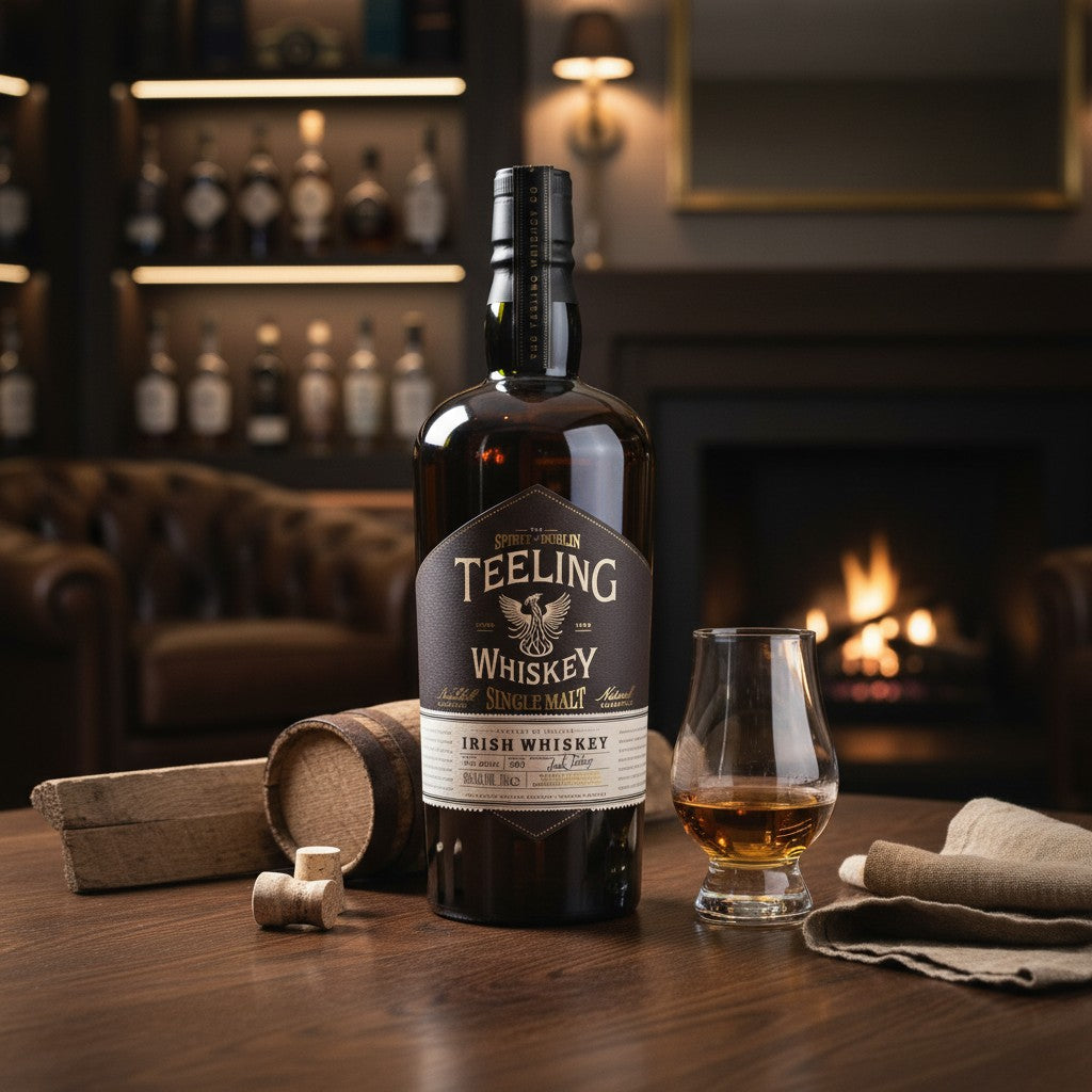 Schwarzbach Spirits Teeling Single Malt Irish Whiskey bottle with a glass of whiskey on a wooden table by a fireplace.