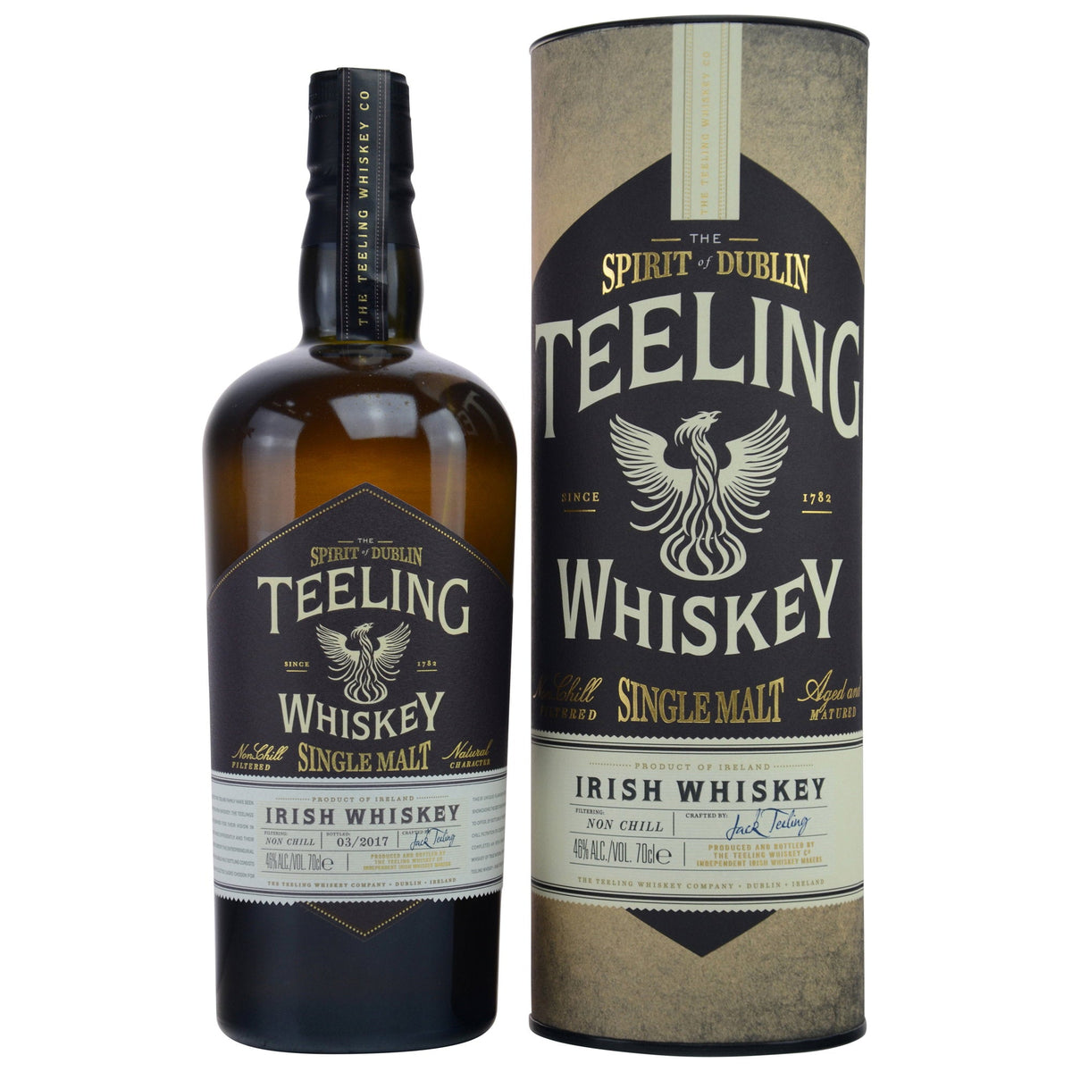 Schwarzbach Spirits Teeling Single Malt Irish Whiskey bottle and its cylindrical gift tube packaging.