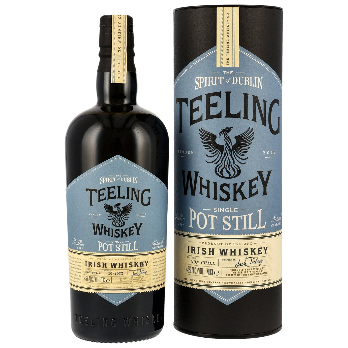 Schwarzbach Spirits Teeling Single Pot Still Irish Whiskey bottle and black gift tube packaging