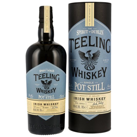 Schwarzbach Spirits Teeling Single Pot Still Irish Whiskey bottle and black gift tube packaging
