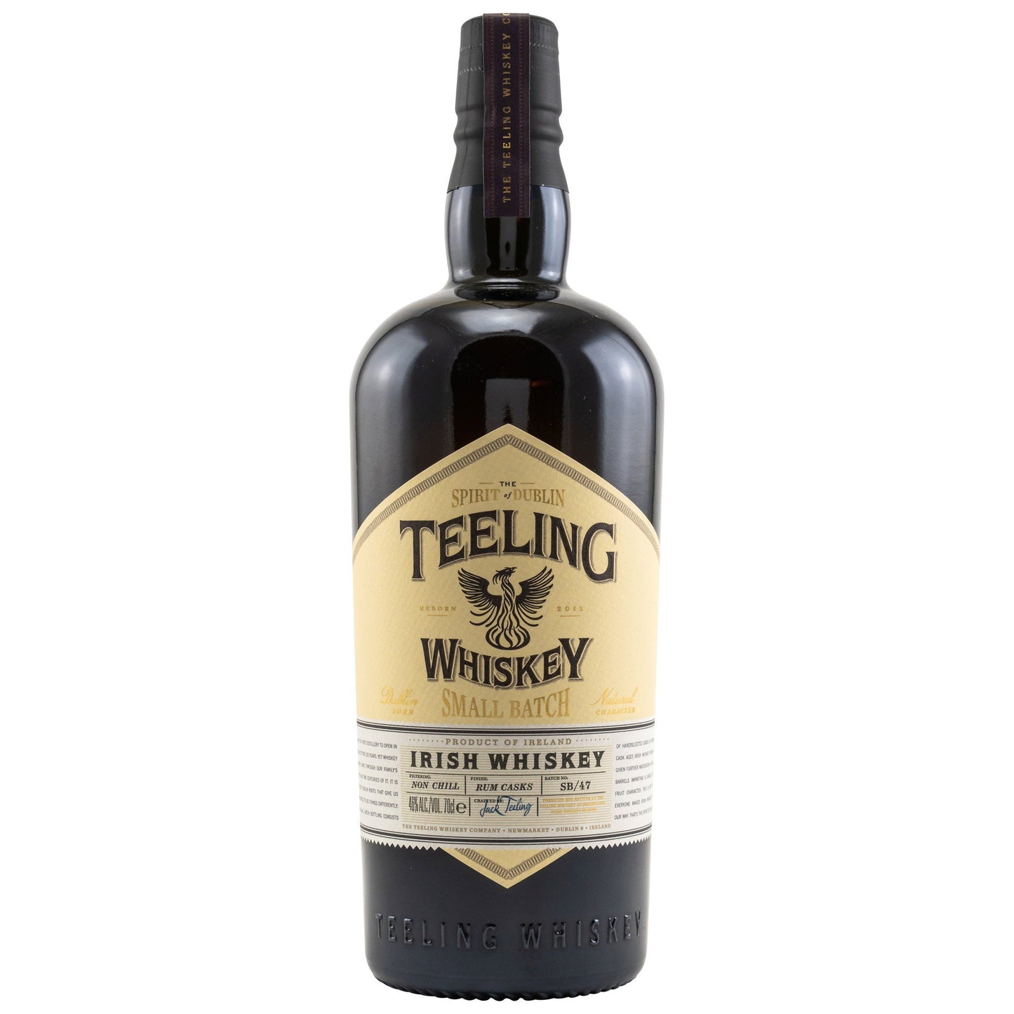 Schwarzbach Spirits Teeling Small Batch Irish Whiskey bottle with rum cask finish label against a white background.