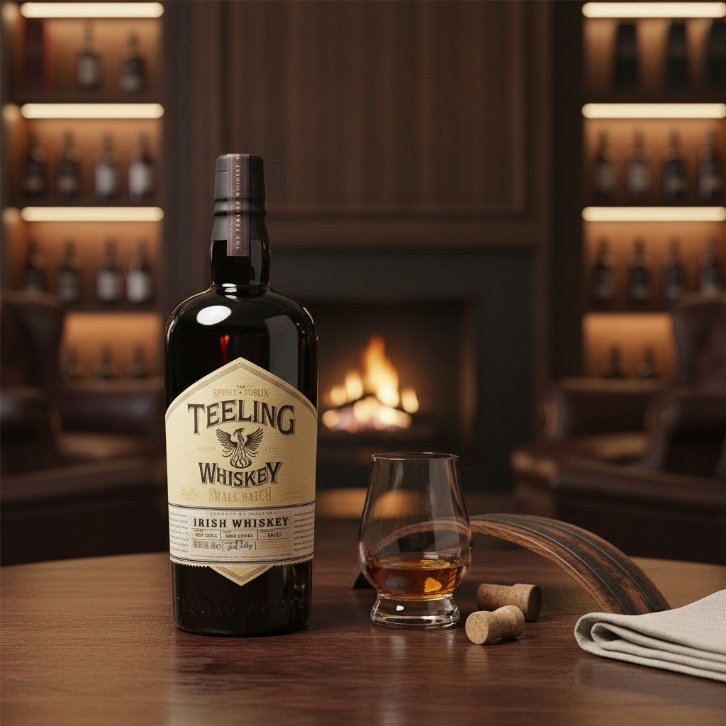 Schwarzbach Spirits Teeling Small Batch Irish Whiskey bottle with a glass of whiskey on a wooden table by a fireplace.