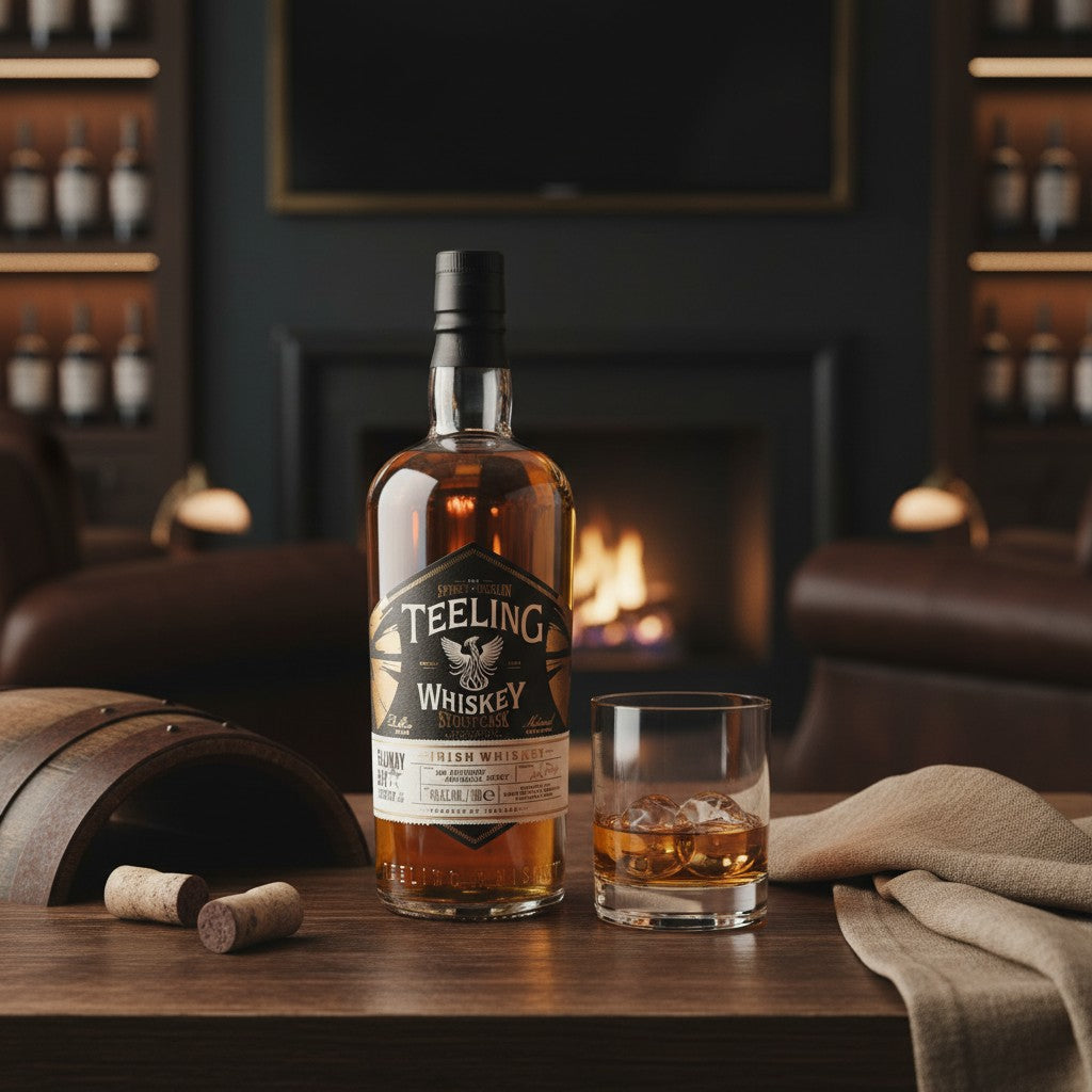 Schwarzbach Spirits bottle of Teeling 200 Fathoms Imperial Stout Cask Finish Irish Whiskey with a glass of whiskey