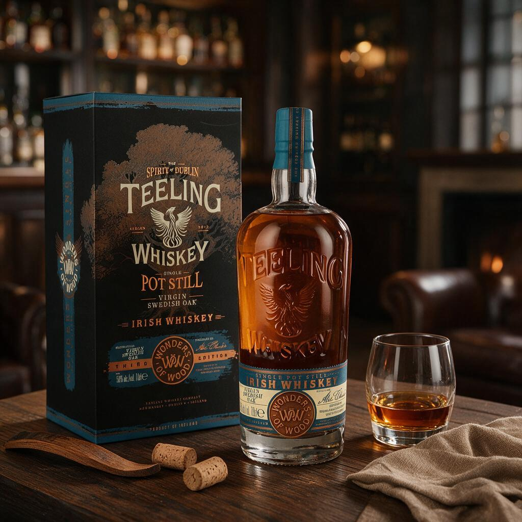 Schwarzbach Spirits Teeling Wonders of Wood Swedish Oak Whiskey Flasche mit Geschenkverpackung und Glas auf Holztisch