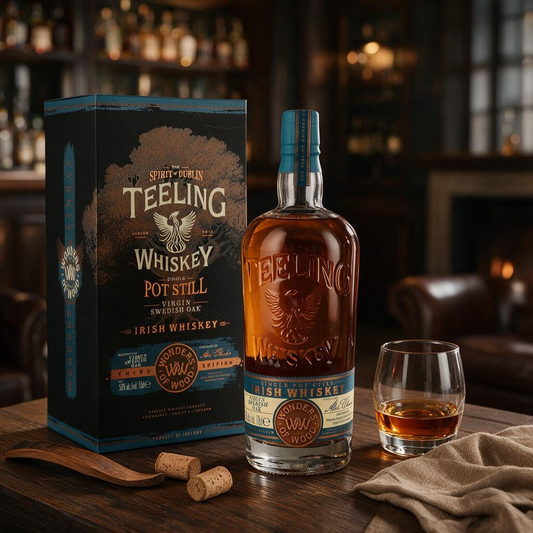 Schwarzbach Spirits Teeling Wonders of Wood Swedish Oak Whiskey Flasche mit Geschenkverpackung und Glas auf Holztisch