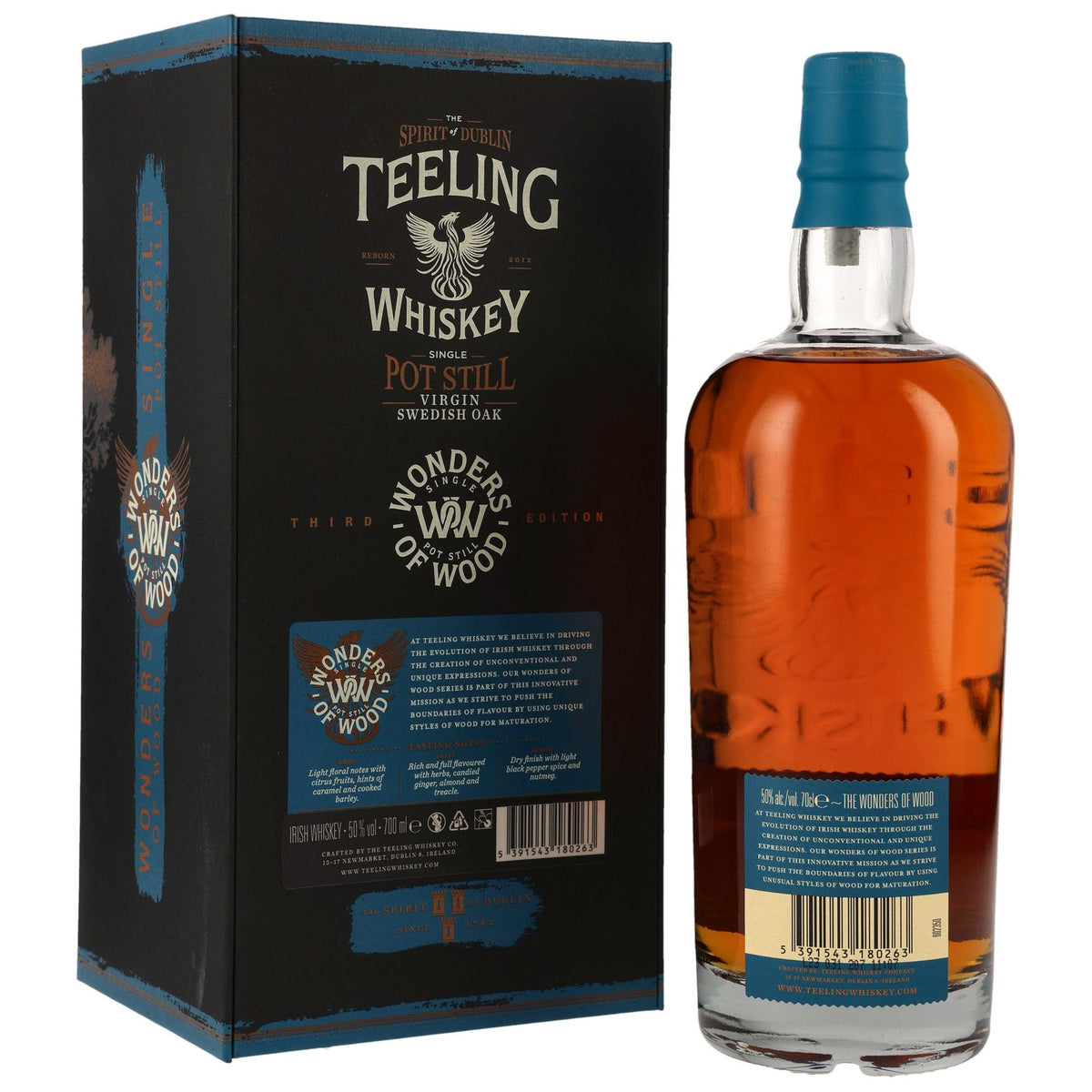 Schwarzbach Spirits Teeling Wonders of Wood Swedish Oak Whiskey Flasche mit Geschenkverpackung und Etikettendetails