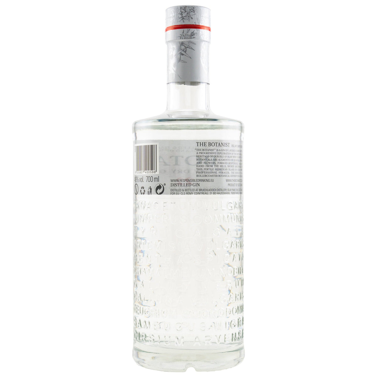 Schwarzbach Spirits The Botanist Islay Dry Gin Flasche mit eingeprägten Pflanzennamen auf transparentem Glas