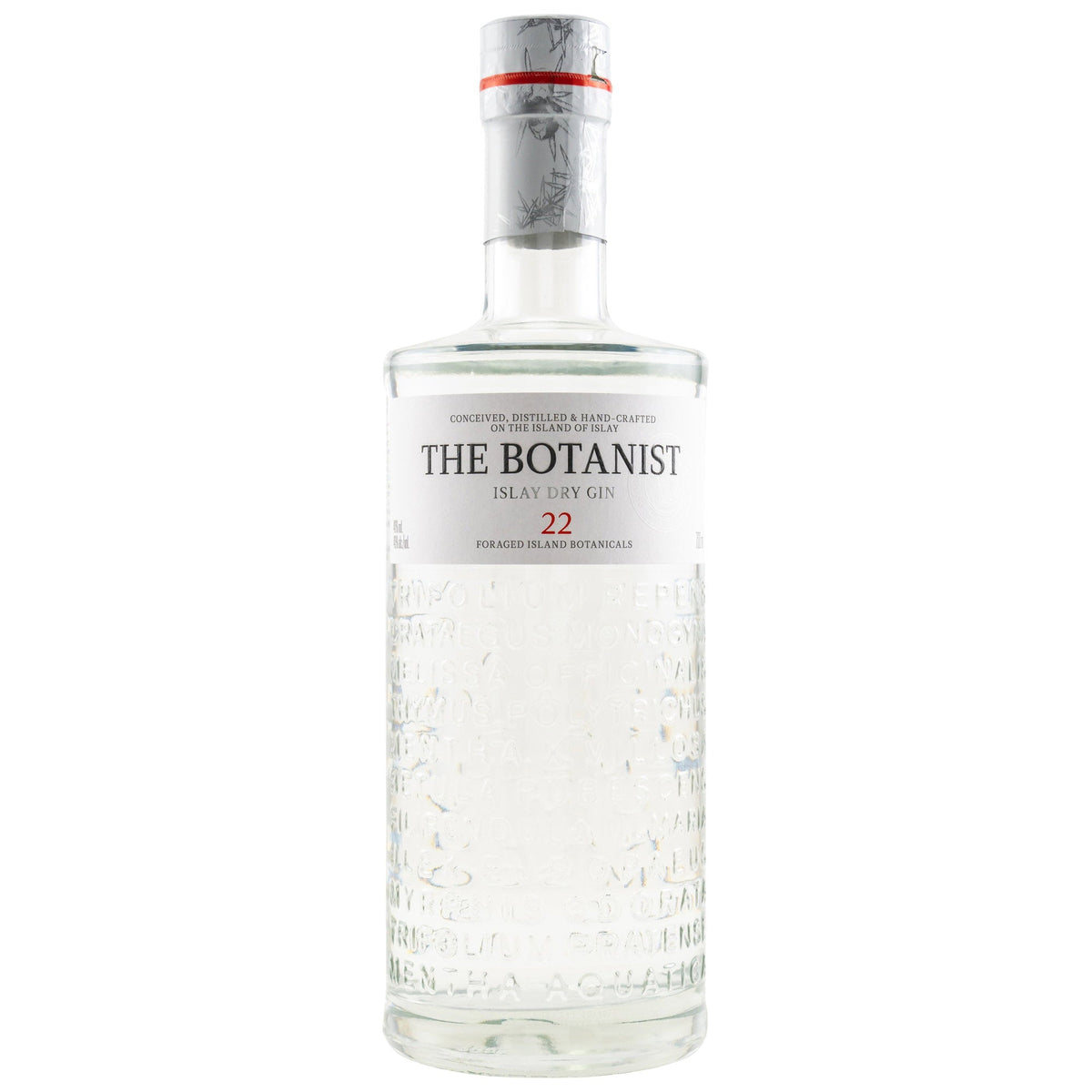 Schwarzbach Spirits The Botanist Islay Dry Gin Flasche mit eingeprägten Pflanzennamen auf klarem Glas