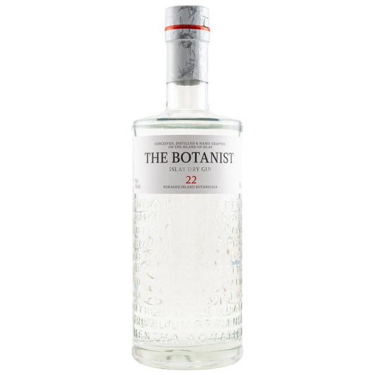 Schwarzbach Spirits The Botanist Islay Dry Gin Flasche mit eingeprägten Pflanzennamen auf klarem Glas