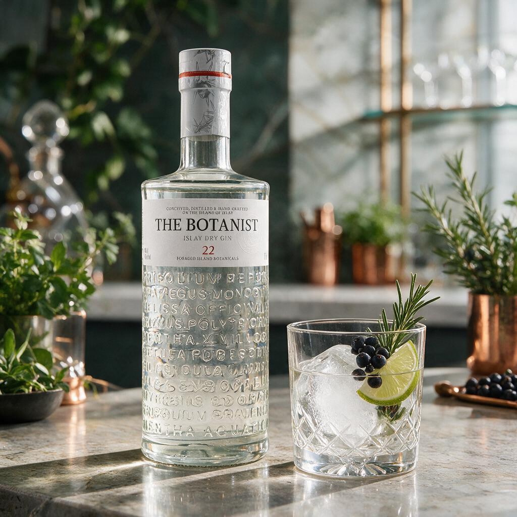Schwarzbach Spirits The Botanist Islay Dry Gin Flasche neben einem Glas mit Eis, Limette und Rosmarin auf einer Theke