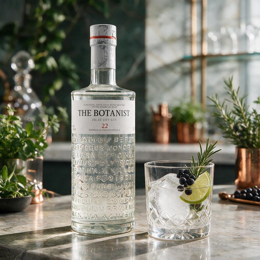 Schwarzbach Spirits The Botanist Islay Dry Gin Flasche neben einem Glas mit Eis, Limette und Rosmarin auf einer Theke