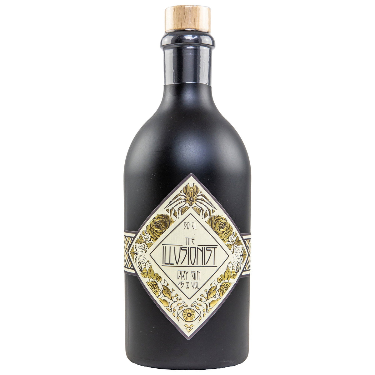 Schwarzbach Spirits The Illusionist Dry Gin in einer eleganten schwarzen Flasche mit kunstvollem Etikett.