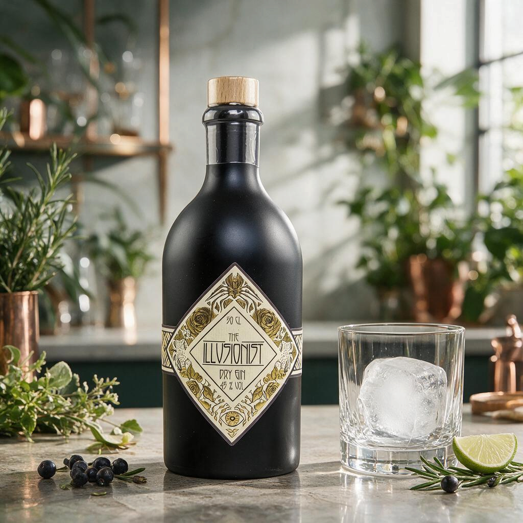 Schwarzbach Spirits The Illusionist Dry Gin Flasche mit Etikett neben einem Glas mit Eis und Limette auf einem Tisch