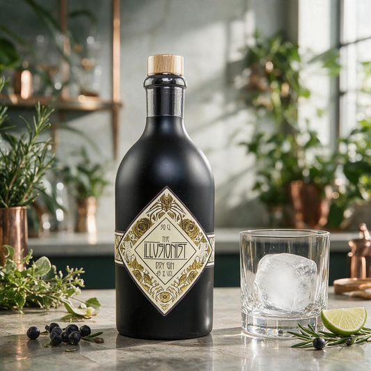 Schwarzbach Spirits The Illusionist Dry Gin Flasche mit Etikett neben einem Glas mit Eis und Limette auf einem Tisch