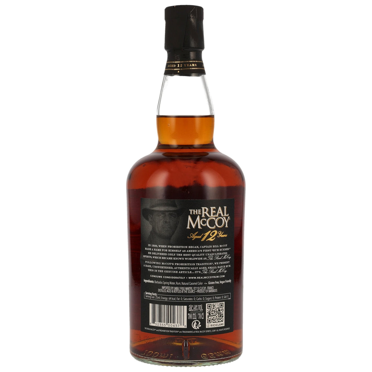 Schwarzbach Spirits The Real McCoy 12 Jahre Barbados Rum Flaschenrueckseite mit Etikett und Informationen