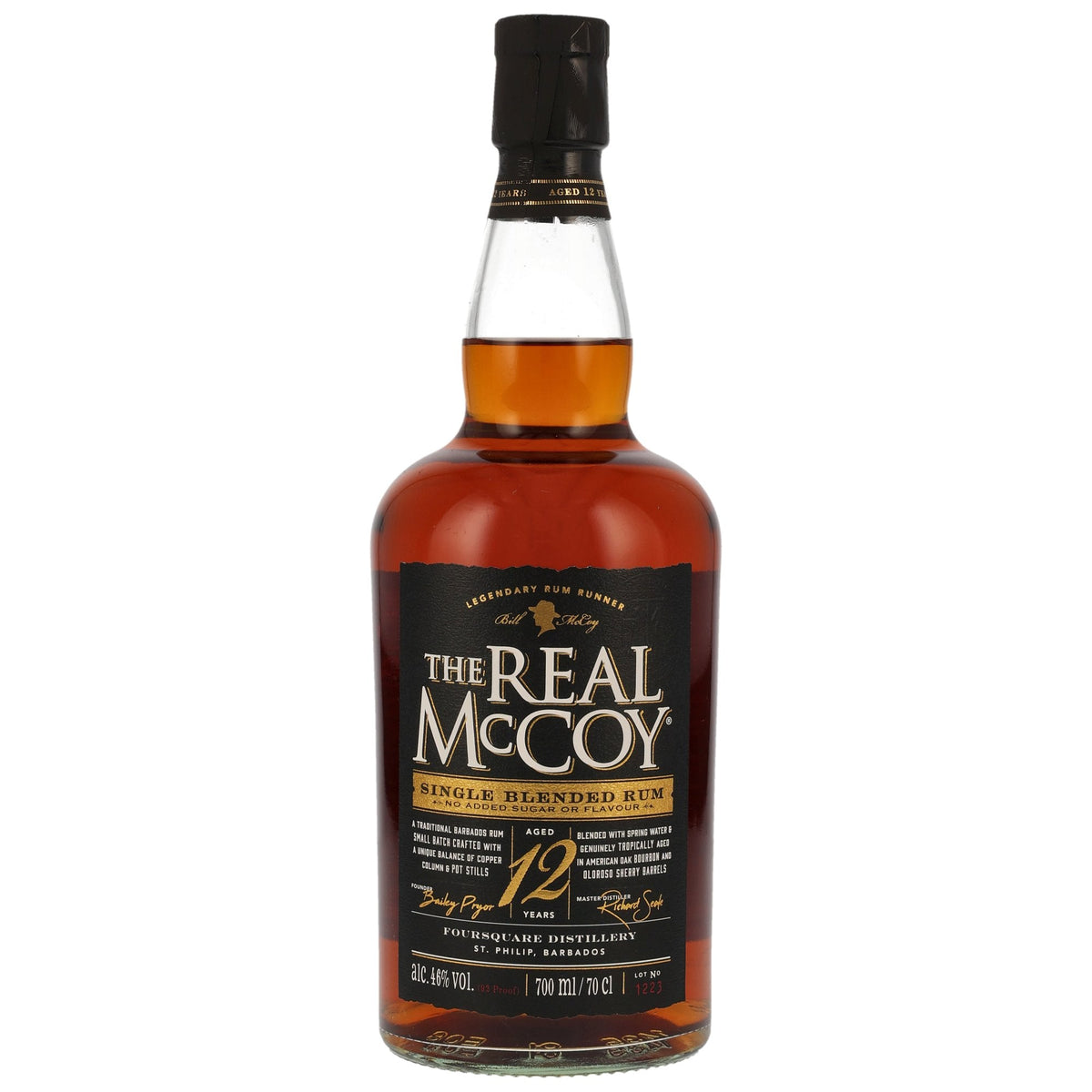 Schwarzbach Spirits The Real McCoy 12 Jahre Barbados Rum in einer 0,7l Flasche mit bernsteinfarbener Flüssigkeit