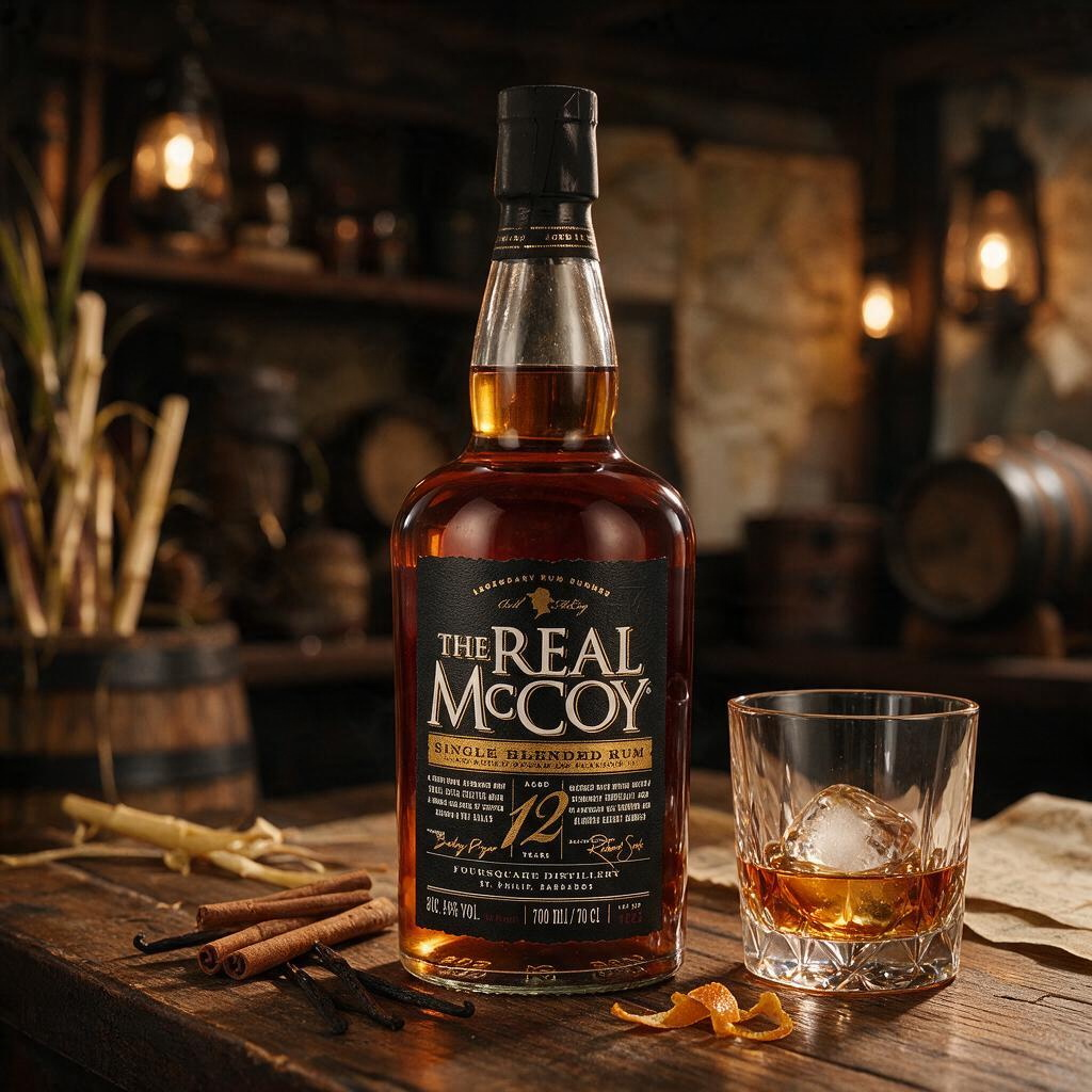 Schwarzbach Spirits The Real McCoy 12 Jahre Barbados Rum Flasche mit Glas auf einem Holztisch mit Gewürzen