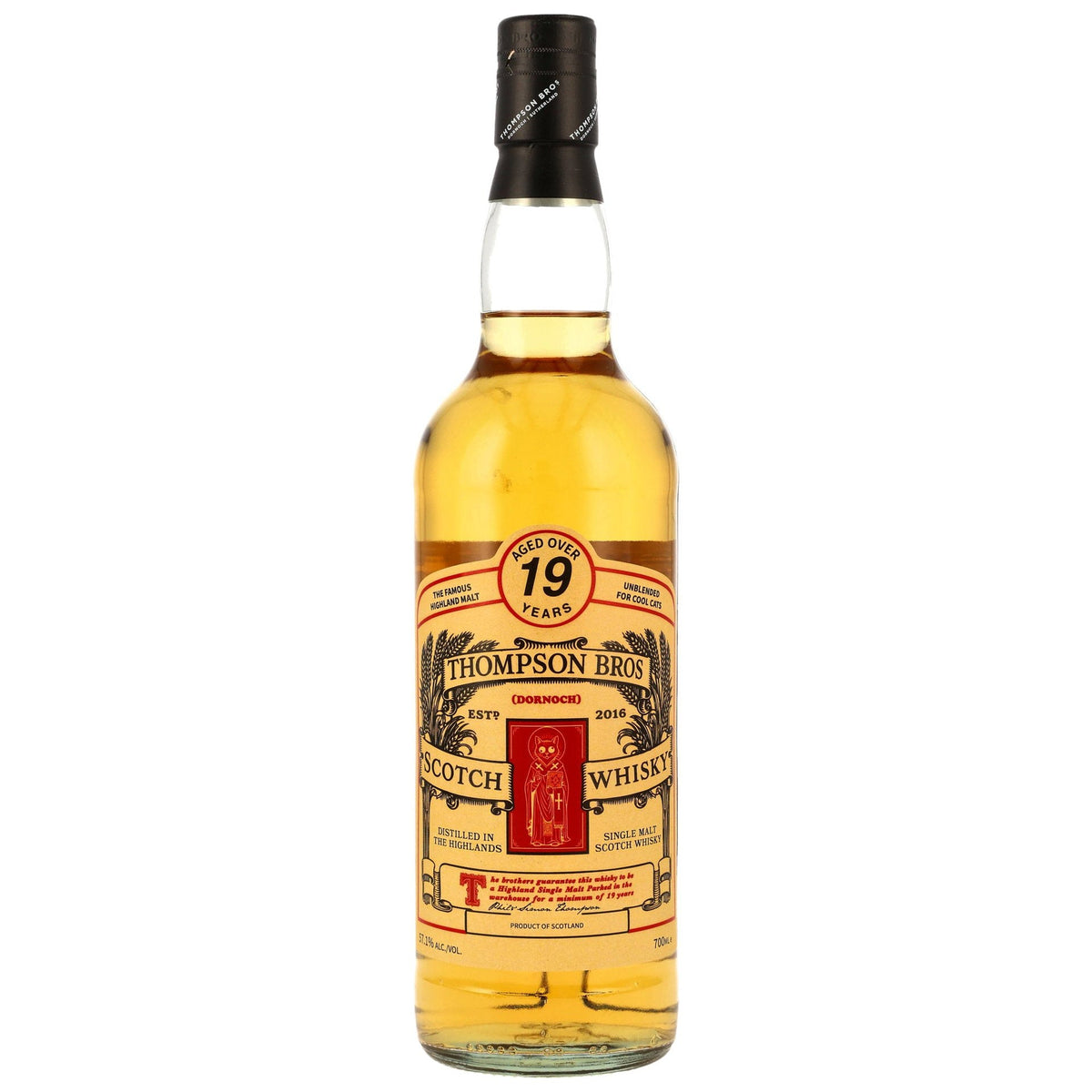 Schwarzbach Spirits Thompson Bros. Highland Single Malt 19 Jahre Whisky Flasche mit beigem Etikett vor weißem Hintergrund