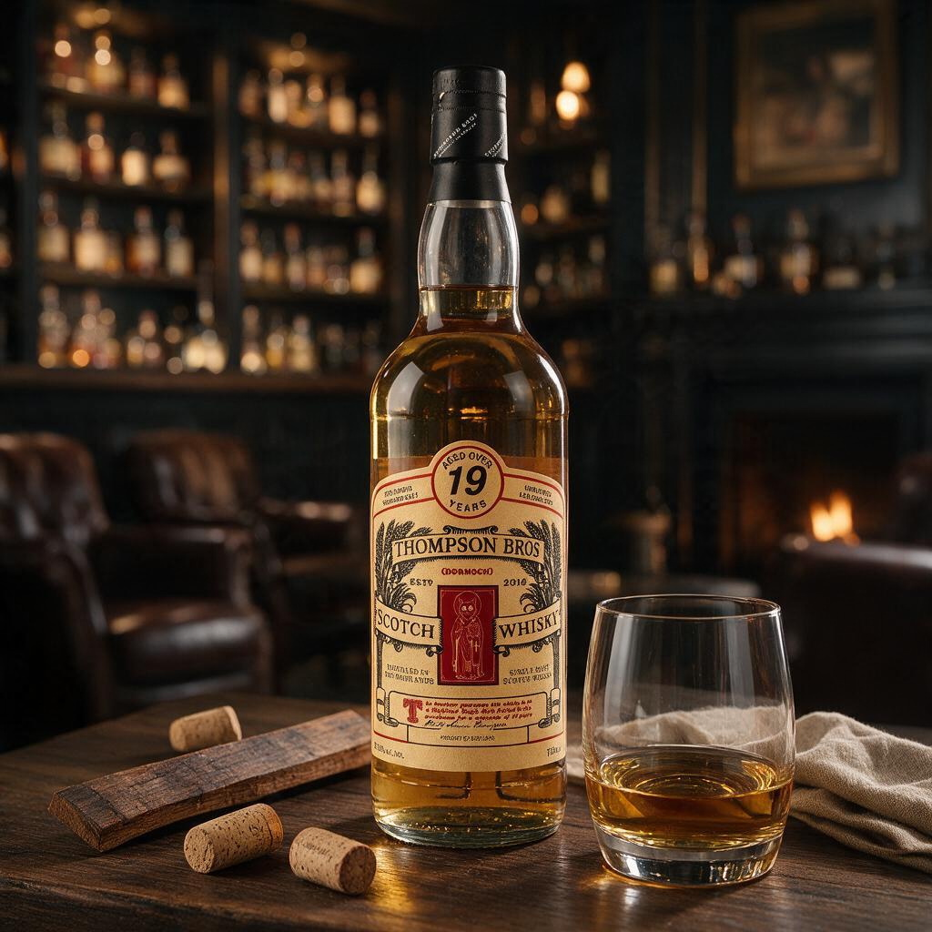 Schwarzbach Spirits Thompson Bros. 19 Jahre Highland Single Malt Whisky Flasche mit Glas auf einem Holztisch