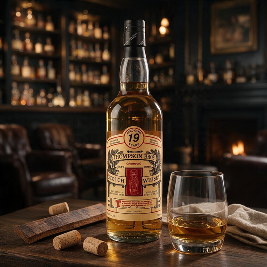 Schwarzbach Spirits Thompson Bros. 19 Jahre Highland Single Malt Whisky Flasche mit Glas auf einem Holztisch